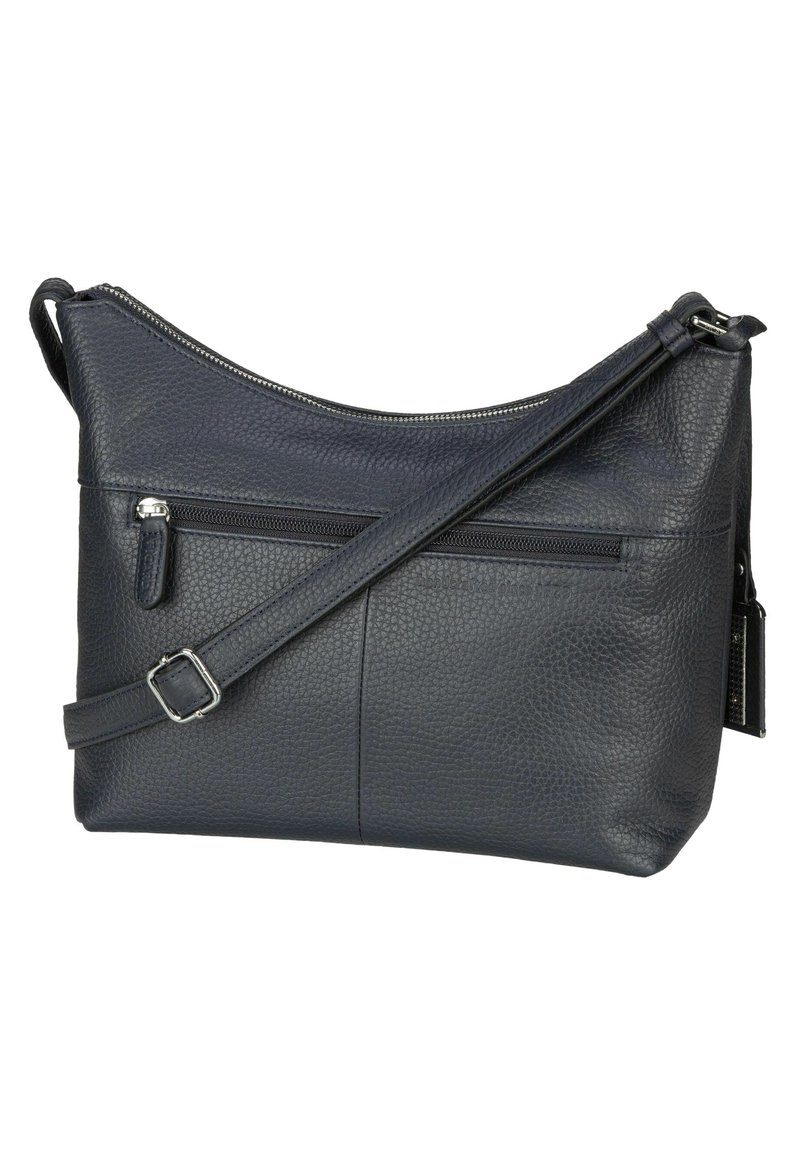 Dunkelblaues Leder Schultertasche mit strukturiertem Finish, ausgestattet mit einem Reißverschluss, verstellbarem Tragegurt und einer vorderen Reißverschlusstasche.