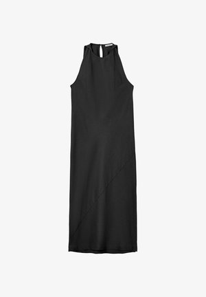 Black sleeveless dress with a high neckline, featuring a keyhole back and diagonal seam detail. Smooth fabric, mid-length design.