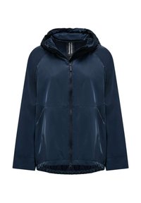 Giacca leggera blu navy con cappuccio, chiusura con zip e orlo elastico. Presenta un materiale liscio e lucido e tasche laterali.