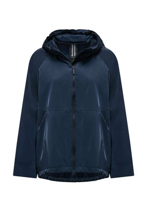 Giacca leggera blu navy con cappuccio, chiusura con zip e orlo elastico. Presenta un materiale liscio e lucido e tasche laterali.