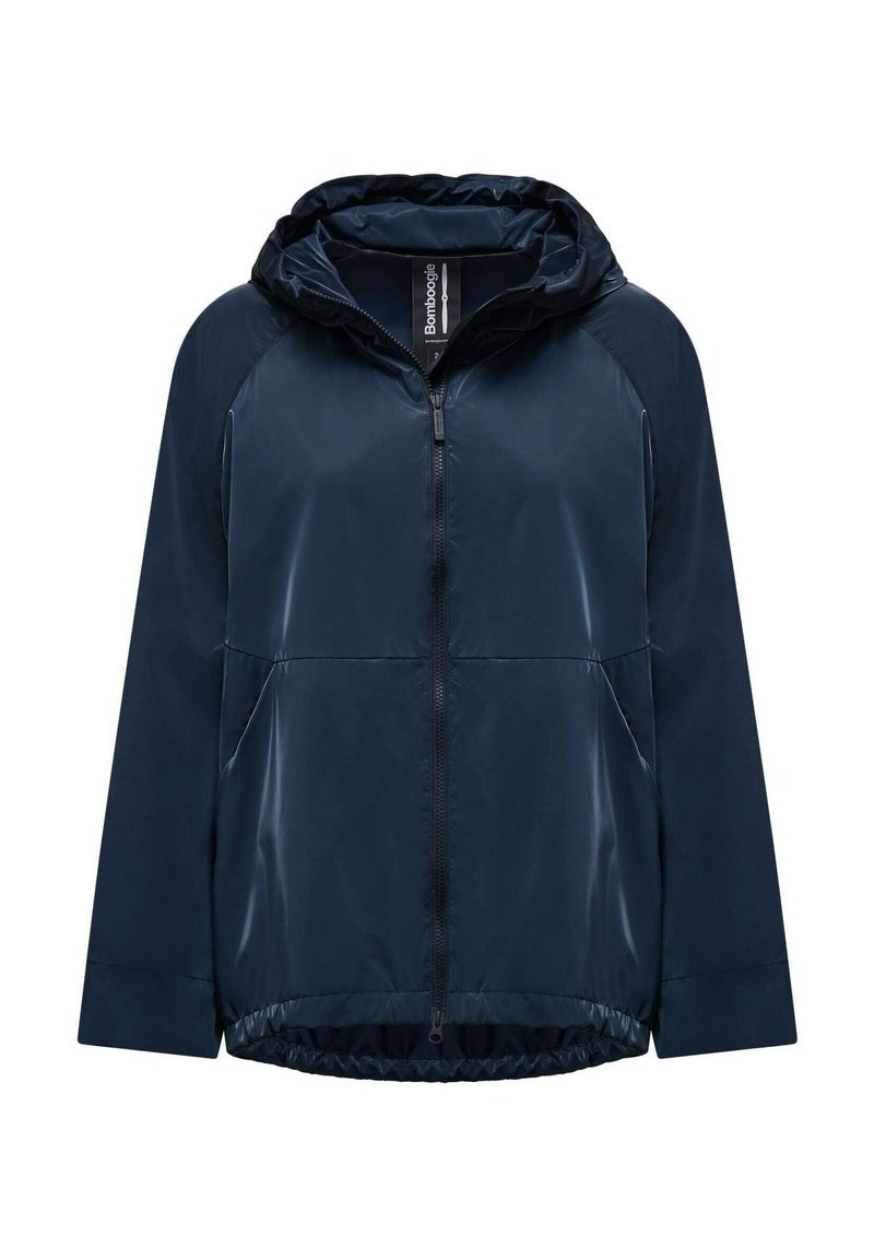 Giacca leggera blu navy con cappuccio, chiusura con zip e orlo elastico. Presenta un materiale liscio e lucido e tasche laterali.