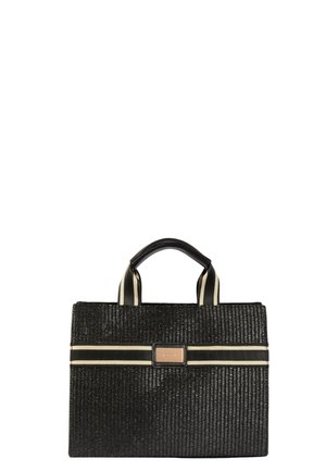 Borsa nera intrecciata con manici a righe beige e striscia orizzontale, forma rettangolare e piccola placca centrale con logo dorato.