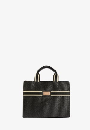 Borsa nera intrecciata con manici a righe beige e striscia orizzontale, forma rettangolare e piccola placca centrale con logo dorato.