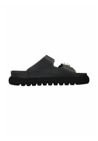 Zwarte leren slip-on sandaal met een open ontwerp, een getextureerde rubberen zool en een gouden gespaccent. Kenmerkt zich door contrasterende stiksels en een stevige vorm.