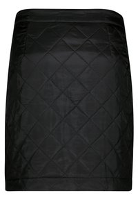 Svart quiltad minikjol gjord av slät tyg med en diamantmönster, med en åtsittande passform och utan synliga knappar eller fickor.