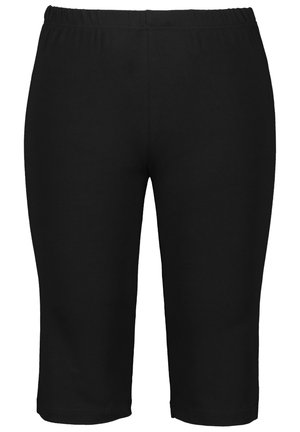 Pantaloni capri neri realizzati in tessuto elasticizzato, dotati di una vita elastica e di una superficie liscia e senza texture.