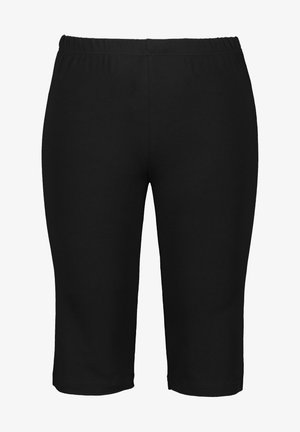Pantaloni capri neri realizzati in tessuto elasticizzato, dotati di una vita elastica e di una superficie liscia e senza texture.