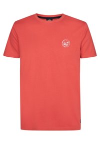 T-shirt in cotone rosso con scollatura rotonda, maniche corte e una piccola grafica bianca sulla zona sinistra del petto. Texture liscia, vestibilità casual.