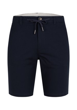 Marineblaue Shorts aus einem weichen, leichten Material mit einem Kordelzugbund, vorderem Knopfverschluss und geradem Saum.