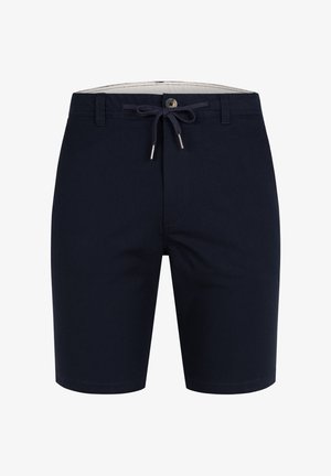 Marineblaue Shorts aus einem weichen, leichten Material mit einem Kordelzugbund, vorderem Knopfverschluss und geradem Saum.