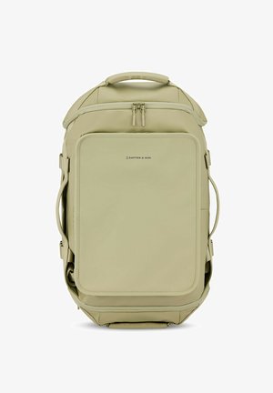 Zaino beige con design rettangolare, texture liscia, manico superiore e numerosi scomparti con zip per la conservazione.