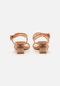 Tan transparent heeled sandals with a chunky block heel, featuring double straps and a round buckle closure at the ankle.