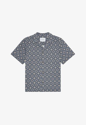 Rövid ujjú, gombos ing, tengerészkék és bézs geometriai mintákkal. Könnyű anyagból, laza fazonban készült.