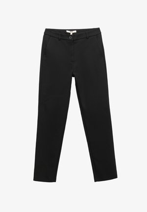Sorte skræddersyede bukser lavet af et glat stof. Har en lukning med knap, bæltestropper og sidelommer. Slim fit med tætsiddende ben.