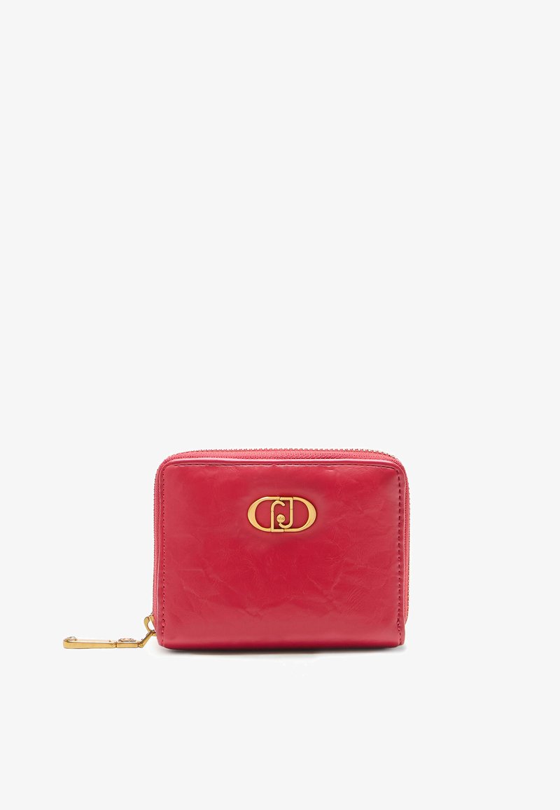 Red leather wallet with a gold logo accent, zip closure, rectangular shape, and a textured surface. Keychain loop attached.