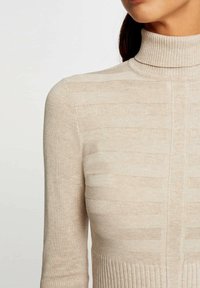 Maglione beige a collo alto con un motivo testurizzato a righe orizzontali, colletto e polsini a coste, e una vestibilità aderente.