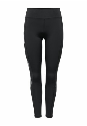 Leggings de sport noirs taille haute avec panneaux latéraux gris et coutures visibles, conçus pour un ajustement près du corps et un usage actif.