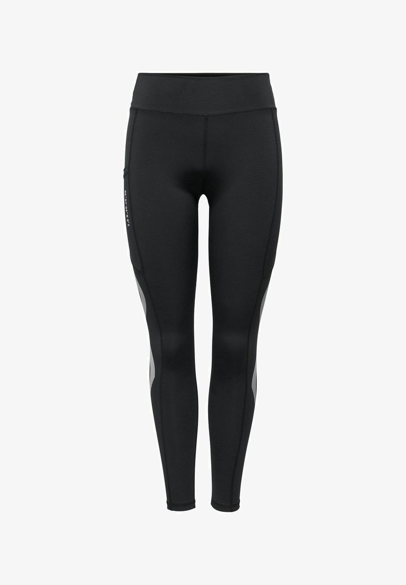 Leggings de sport noirs taille haute avec panneaux latéraux gris et coutures visibles, conçus pour un ajustement près du corps et un usage actif.