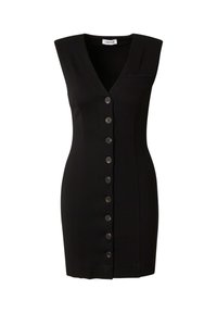 Schwarzes ärmelloses Kleid mit V-Ausschnitt, mit einer Knopfleiste vorne und einer kleinen Tasche auf der linken Seite. Glatte Textur.