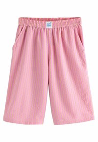 Rosa shorts med gula vertikala ränder, elastisk midja, sidofickor och lätt material. Har en liten etikett vid midjan.