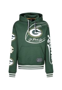 Hoodie vert avec une poche avant, capuche à cordon, accents blancs et logos. Présentant un graphique "Go Pack Go" et des poignets et un ourlet rayés.
