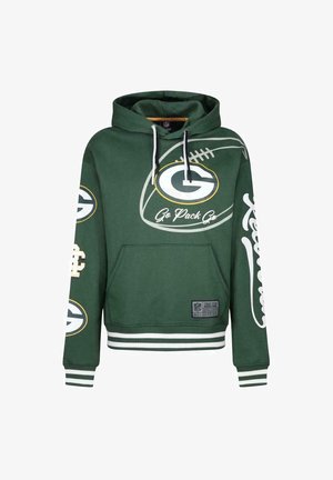 Grüne Kapuzenjacke mit Fronttasche, Kordelzugkapuze, weißen Akzenten und Logos. Mit Grafik "Go Pack Go" sowie gestreiften Bündchen und Saum.