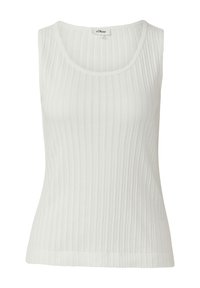 Débardeur blanc à côtes avec un col rond, fabriqué à partir d'un tissu doux. Présente une silhouette cintrée et une texture subtile sur l'ensemble.