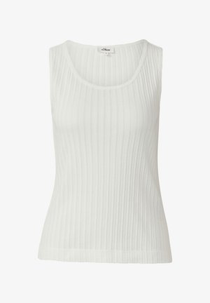 Weißes, geripptes Tanktop mit weitem Ausschnitt, aus weichem Material gefertigt. Hat eine figurbetonte Silhouette und eine subtile Textur.
