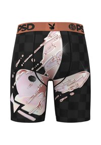 Črne bokserice z vzorcem šahovnice, sijočo belo in roza grafiko ter rjavim elastičnim pasom z logotipom.