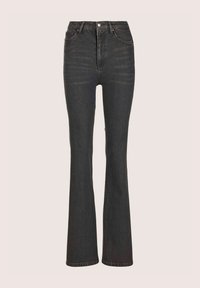Hoch taillierte, ausgestellt geschnittene Jeans aus dunklem Denim, mit klassischem Fünf-Taschen-Design, Knopfverschluss und dezenten Ausbleichungen an der Vorderseite.
