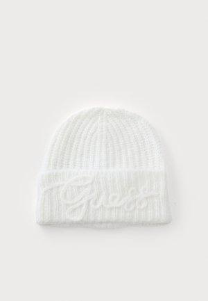 Berretto lavorato a maglia bianco con risvolto, caratterizzato dalla parola "Guess" ricamata in stile corsivo sul fronte.