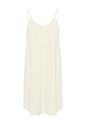 Krém színű, ujjatlan ruha vékony spagettipántokkal, könnyű anyagból, laza szabással és gyűrt részletekkel a nyakvonal mentén.