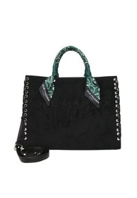 Borsa a tracolla in suede nero con manici a sciarpa a fantasia verde, accessori in metallo argentato sui lati e una forma rettangolare strutturata.