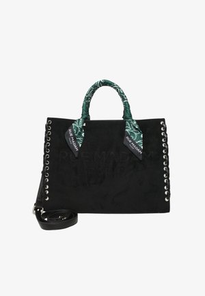 Borsa a tracolla in suede nero con manici a sciarpa a fantasia verde, accessori in metallo argentato sui lati e una forma rettangolare strutturata.