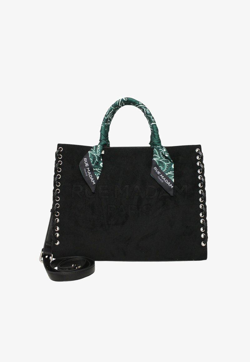 Borsa a tracolla in suede nero con manici a sciarpa a fantasia verde, accessori in metallo argentato sui lati e una forma rettangolare strutturata.