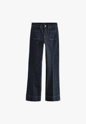 Dunkelblaue Denim-Jeans mit geradem Schnitt, fünf Taschen, Knopfverschluss und umgeschlagenen Säumen. Glatte Textur, minimale Nähdetails.