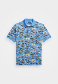 Lyhythihainen poolopaita sinisestä kankaasta, jossa on elinvoimainen, kuvitetulla kuvio, joka esittää kohtauksia ja hahmoja. Klassinen kauluskola ja nappilista.