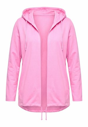 Felpa a maniche lunghe rosa chiaro con apertura frontale e cappuccio regolabile con coulisse su cappuccio e orlo, progettata per un abbigliamento casual.