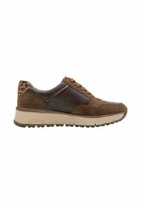 Brown suede and leather sneaker with leopard print accent, textured sole, and lace-up design. Contoured shape with beige outsole.