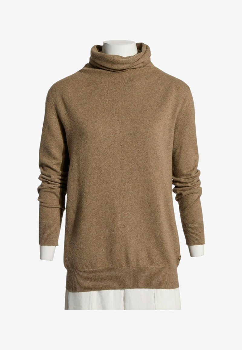 Pull col roulé marron à manches longues sur un mannequin blanc avec des poignets et un ourlet côtelés, présenté sur fond blanc.