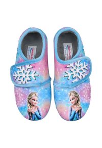 Zapatillas infantiles en rosa y azul con un diseño de copos de nieve, fabricadas en un material suave y con una correa asegurada que presenta un estampado de personaje en la parte superior.