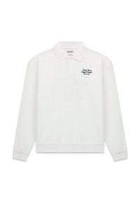 White long-sleeve polo shirt with a collar, featuring a subtle navy logo on the left chest and ribbed cuffs and hem.