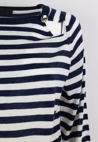 Maglione a righe blu navy e bianche con collo rotondo, dettagli dei bottoni sulle spalle e texture morbida. Le righe sono equidistanti e doppie.