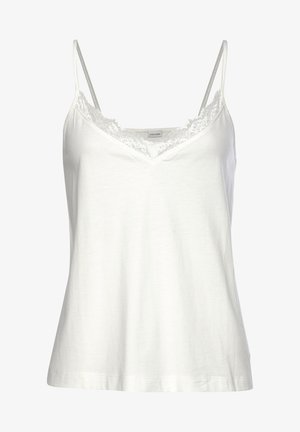 White cotton camisole with a V-neckline, lace trim along the top, and thin adjustable spaghetti straps. Smooth texture and relaxed fit.