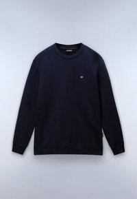 Marineblauwe sweatshirt van een zachte stof, met een geribde ronde hals en boorden, en een klein geborduurd vlagdetail op de borst.