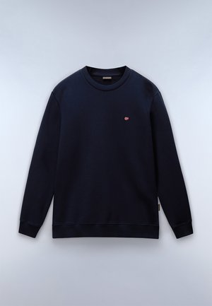 Navy blue sweatshirt in a soft fabric, featuring a ribbed crew neckline and cuffs, with a small embroidered flag detail on the chest.