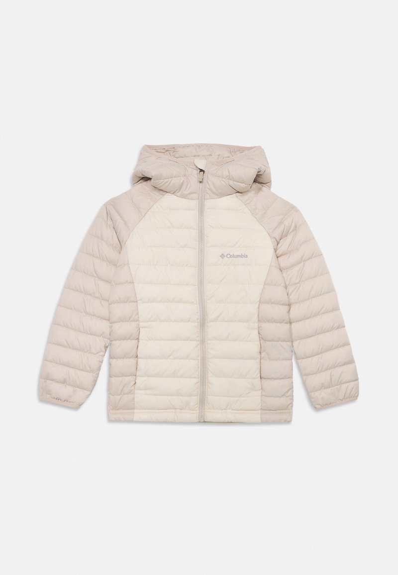 Beige Columbia dunjakke med hette, frontglidelås og horisontal quilting, designet for kaldt vær.