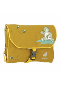Yellow fabric bag featuring a flap closure, a bear graphic, and bee illustrations. Includes a buckle and is textured for grip.