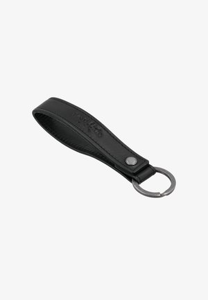 Black leather keyring loop with a metal split ring and embossed branding on the leather strap.