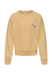 Sweatshirt jaune avec col et poignets côtelés, au design court, présentant un petit logo coloré en patch sur le côté avant gauche.